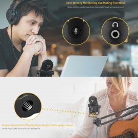 7RYMS SR-USB MINI Desktop Condenser USB Microphone Mic Cardioid Pickup Low Noise Built-in Pop Filter with 3.5mm Headphone Monitoring Interface for Live Boradcast Video Recording Online Meeting Teaching