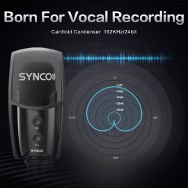 SYNCO CMic-V2 USB Condenser Microphone Mic Cardioid 192kHz/24bit One-Button Muting Real-time Monitoring with Pop Filter Desktop Mic Stand for Smartphone Laptop PC Live Streaming Video Conference Online Education Interview Video Recording