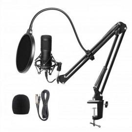 Studio Recording Condenser Microphone Kit with Shock Mount + Flexible Scissor Arm Stand + Pop Filter + Windscreen + Connection Cable for Network Broadcasting Online Singing 