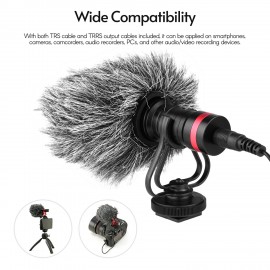 Cardioid Directional Condenser Microphone with Anti-Shock Mount 3.5mm TRS and TRRS Audio Output Cables Sponge Windshield Furry Windshield for Smartphones Cameras Camcorders Audio Recorders PCs