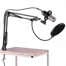 Professional Broadcasting Studio Recording Condenser Microphone Kit with Mic Windscreen + Shock Mount + Adjustable Suspension Scissor Arm Stand + Mounting Clamp + Pop Filter + Audio Cable