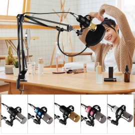 Professional Broadcasting Studio Recording Condenser Microphone Kit with Mic Windscreen + Shock Mount + Adjustable Suspension Scissor Arm Stand + Mounting Clamp + Pop Filter + Audio Cable