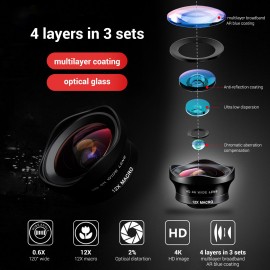 Two in One 16mm Wide Lens + 12X Macro Lens Set Clip-on Phone Camera Lens Add-on Lenses Kit HD Camera Lens Compatible with Most Smartphones