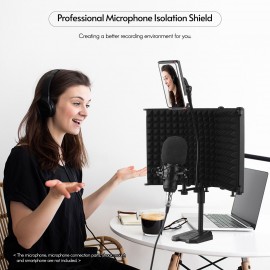 Microphone Isolation Shield Compact Foldable Tabletop Mic Windscreen 3-Panel Sound Absorbing Foam Reflector with Supporting Rod Base Phone Clip 5/8 Inch Screw Adapter for Studio Professional Recording Singing Live Stream