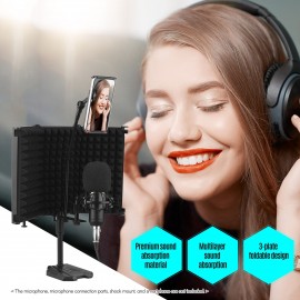 Microphone Isolation Shield Compact Foldable Tabletop Mic Windscreen 3-Panel Sound Absorbing Foam Reflector with Supporting Rod Base Phone Clip 5/8 Inch Screw Adapter for Studio Professional Recording Singing Live Stream