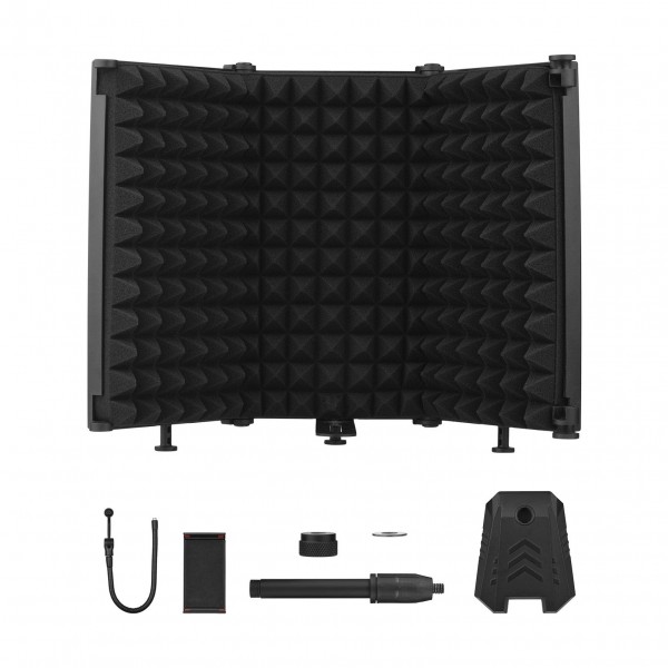 Microphone Isolation Shield Compact Foldable Tabletop Mic Windscreen 3-Panel Sound Absorbing Foam Reflector with Supporting Rod Base Phone Clip 5/8 Inch Screw Adapter for Studio Professional Recording Singing Live Stream