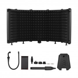 Foldable Microphone Isolation Shield 5-Panel Mic Sound Absorbing Foam Reflector with 3/8 Inch & 5/8 Inch Mic Threaded Mount Desktop Stand Smartphone Tablet Clip for Studio Live Streaming Audio Recording 