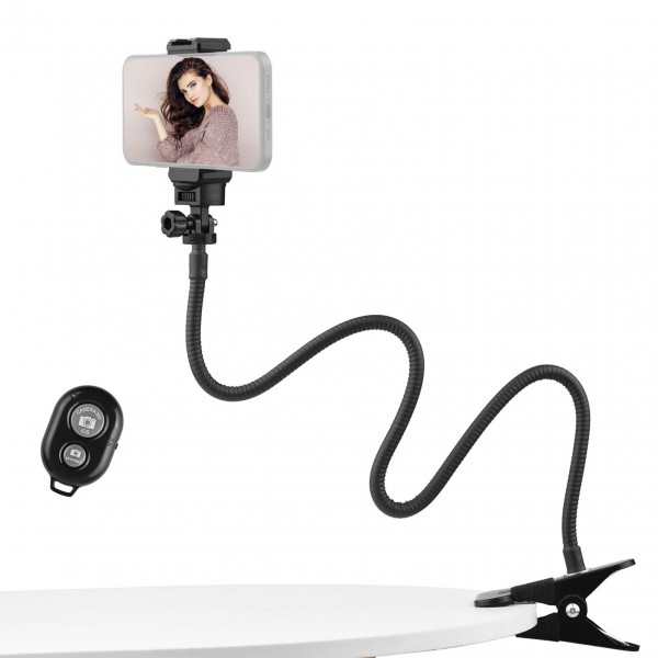 72cm/28in Webcam Stand Flexible Desk Mount Bracket 1/4 Inch Screw 1kg Load Capacity with Phone Holder Remote Shutter for Live Streaming Online Teaching Meeting Chatting